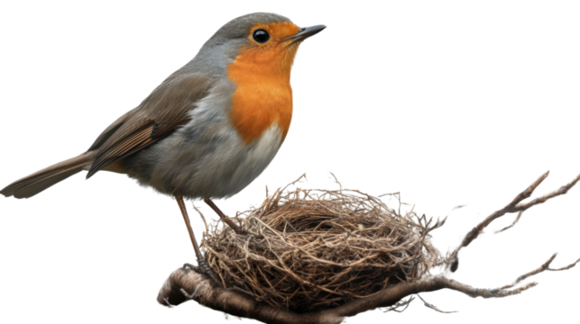 European Robin and Nest: A charming European Robin, known for its vibrant red breast, perched gracefully on a twig beside its meticulously crafted nest, captured in stunning detail.