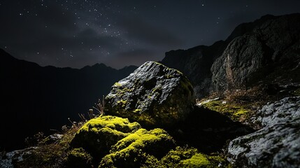 Moss-Covered Rock in the Mountains at Night: A Serene and Mysterious Natural Scene