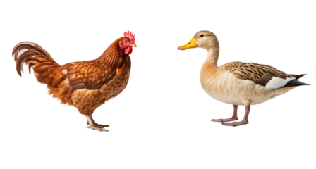 Duck and chicken together isolated on white background