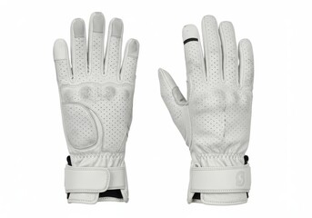 Obraz premium A pair of white leather gloves with perforated design and black ring on finger isolated on white background