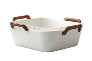 Elegant white ceramic baking dish with rich wood handles perfect for serving or baking stylish kitchenware modern design clean lines on transparent background