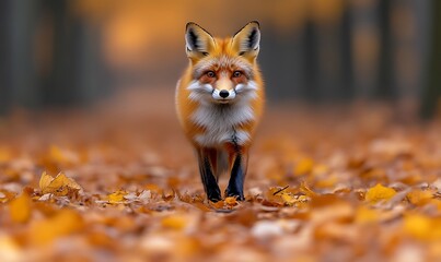 Red Fox Walking on Fallen Leaves in Autumn Forest Setting