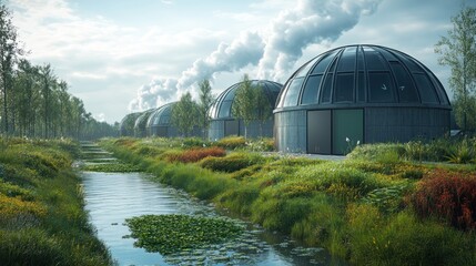 Obraz premium Futuristic Domes by the Canal: A Serene Eco-Village