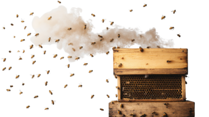 Bees' Exit: Bees swarm and depart a weathered wooden beehive, with smoke billowing out, set against a pristine background, symbolizing beekeeping and the honey harvest.
