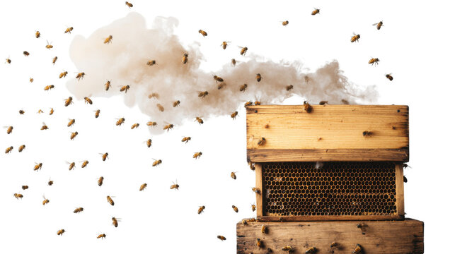Bees' Exit: Bees swarm and depart a weathered wooden beehive, with smoke billowing out, set against a pristine background, symbolizing beekeeping and the honey harvest.