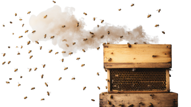 Bees' Exit: Bees swarm and depart a weathered wooden beehive, with smoke billowing out, set against a pristine background, symbolizing beekeeping and the honey harvest.