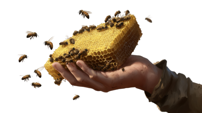 A Beekeeping Blessing: A honeycomb, brimming with busy bees, is tenderly held aloft by a weathered hand. The image suggests a deep connection to the natural world, the diligent work of the bees.