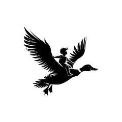 Obraz premium Black silhouette vector of a child riding a giant duck with wings spread on white background
