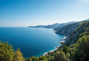 Obraz premium Summer coastline panorama (Crimea, Ukraine. Summer coastline of Novyj Svit reserve )