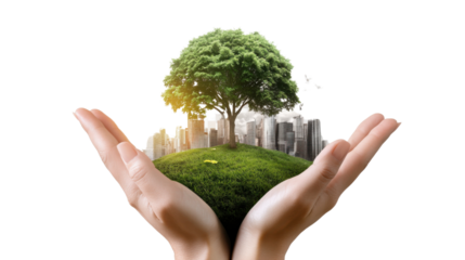 "Eco-Care: Hand holding green grass and cityscape, symbolizing environment preservation, showcases an inspirational scene, representing sustainability and conservation, a call to protect our world.