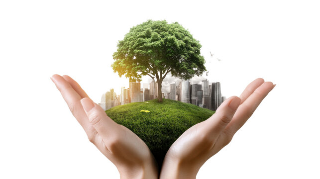 "Eco-Care: Hand holding green grass and cityscape, symbolizing environment preservation, showcases an inspirational scene, representing sustainability and conservation, a call to protect our world.