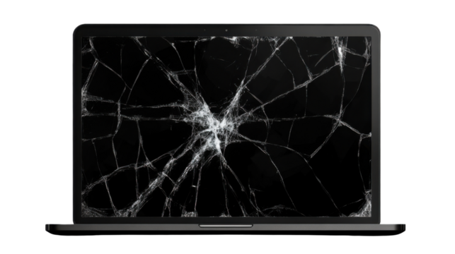 Broken Screen's Sadness: A modern laptop displays a cracked screen, a stark visual metaphor for malfunction and the unexpected cost of technological mishaps.