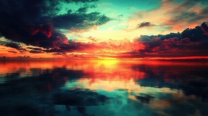 Fototapeta premium Dramatic Sunset Reflection on Calm Water