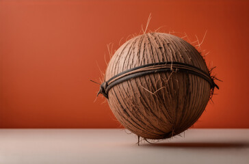 A spherical coconut husk, seemingly floating, against a burnt orange backdrop.  Its fibrous texture and dark band are prominent.  The lighting highlights its form and subtle shadows.