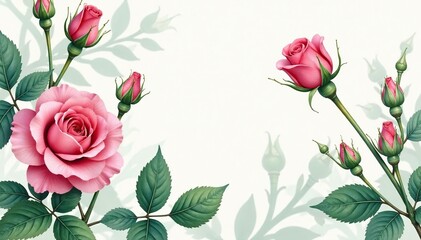 Delicate watercolor rosebuds, lush green leaves Elegant floral wallpaper design , summer, rose
