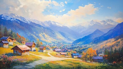 Picturesque alpine village nestled in a valley surrounded by snow capped mountains painted with vibrant autumn colors