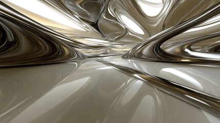 Abstract, metallic, futuristic interior.  Dynamic, flowing, polished surfaces