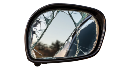 Broken Car Side Mirror: Close-up view of a shattered car side mirror, showcasing the cracked and fragmented glass within its black plastic housing. The background is blurred.