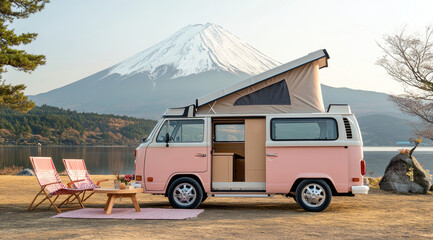 Pink Camper Van Under Mount Fuji:  A charming pink camper van sits in the picturesque landscape of Japan. Its pop-up top provides a glimpse of the cozy interior.