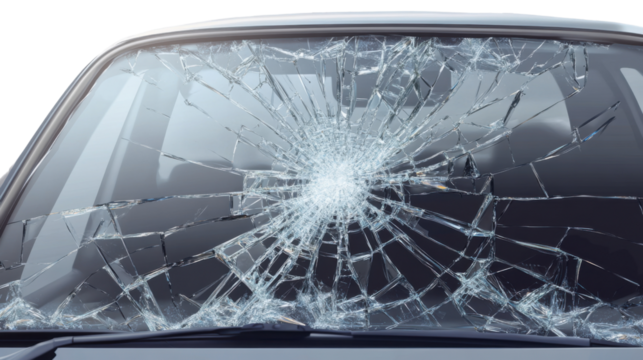 Shattered Vision: A close-up shot of a vehicle's windscreen, displaying a spiderweb pattern of shattered glass. The impact is visually arresting.