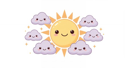 Cute cartoon sun and clouds illustration