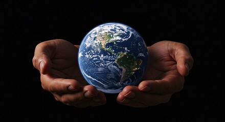 Earth globe resting in cupped hands against a dark background showing continents and oceans in detail