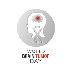 World Brain Tumor Day is observed annually on June 8. Educate the public  Learn About The Risk Factors  Brain Tumor and neurological disorders. Head with brain and Realistic ribbon. Vector of banner.