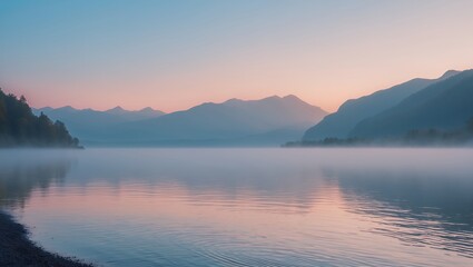 Fototapeta premium Mountain Lake at Sunrise with Fog and Reflections