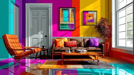 relaxing living room vibe A vibrant living room featuring colorful walls, eclectic furniture, and bright decor, creating a lively and inviting atmosphere.