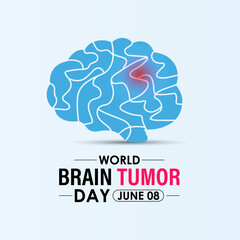 World Brain Tumor Day is observed annually on June 8. Educate the public  Learn About The Risk Factors  Brain Tumor and neurological disorders. Head with brain and Realistic ribbon. Vector of banner.