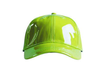 Vibrant lime green baseball cap shiny patent leather finish stylish and bold accessory perfect for a fashion statement eye catching on transparent background