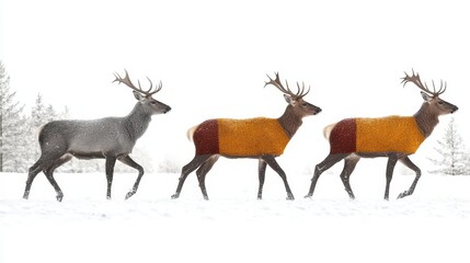 Obraz premium Winter's elegance the animated deer prance through powdered landscapes whimsical coats in artistic renderings of wild beauty amidst snowy plains