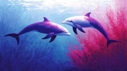 Obraz premium Colorful dolphins glide through vibrant coral reefs an artistic exploration of marine life harmony and imagination creating playful underwater pixelated ecosystem