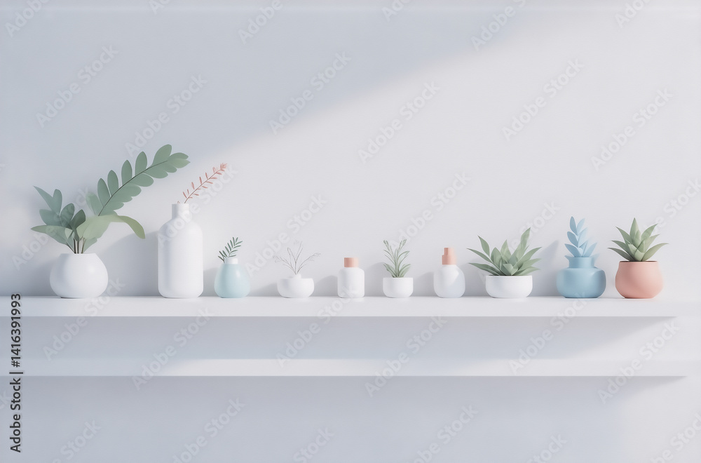 Poster a minimalist shelf displays a collection of small potted plants and vases, creating a serene and cal