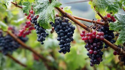 Fototapeta premium Lush vineyard showcasing clusters of ripe red and black grapes hanging from green leaves