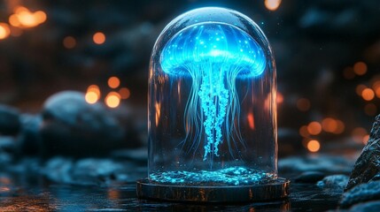 Obraz premium Glowing Jellyfish in Glass Dome