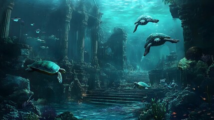 Underwater Turtles Exploring Sunken Temple Ruins