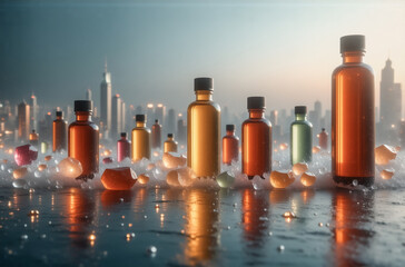 A cityscape backdrop sets the scene for an array of colorful glass bottles resting on ice, reflecting the city lights in a polished surface.  The bottles are various sizes and shades, suggesting a col