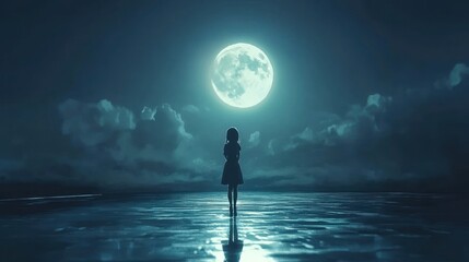 Girl gazing at a full moon at night
