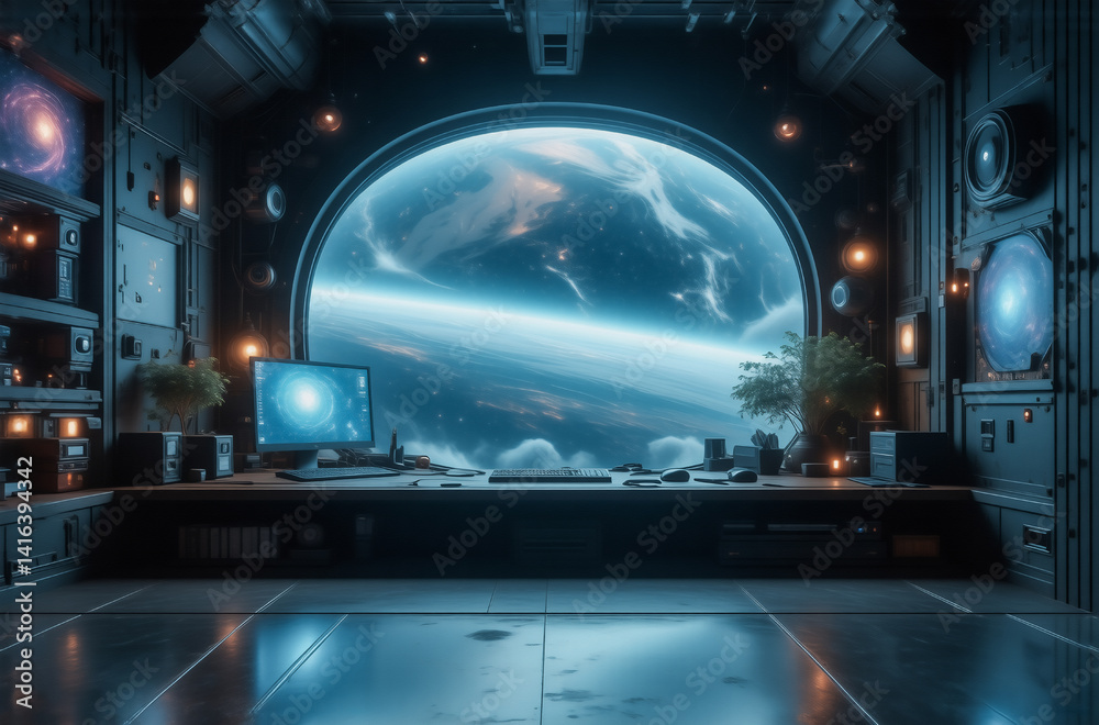 Aufkleber a futuristic spaceship interior boasts a large, curved window showcasing a breathtaking view of a vi
