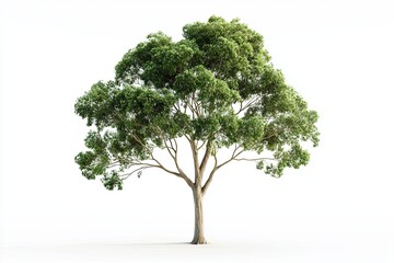 Obraz premium Tall, majestic eucalyptus tree with smooth bark and vibrant green leaves against a clean white background, perfect for nature and environmental themes