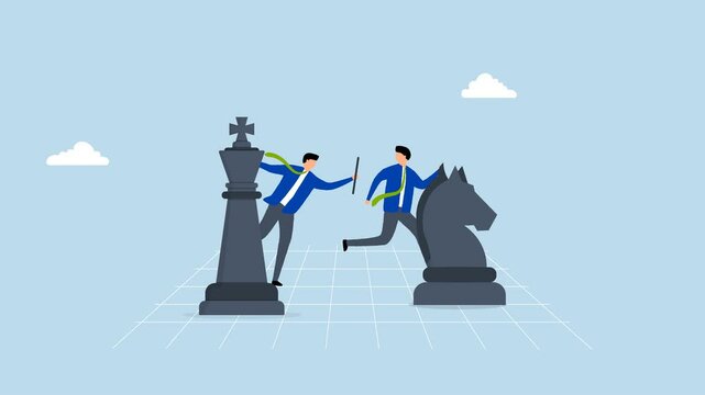 Succession planning, 4k animation of businessman boss on king chess baton pass to his successor.