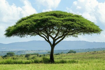 Fototapeta premium Beautiful and Lush Acacia Tree with Expansive Canopy, Showcasing Intricate Branch Structure, Ideal for Nature and Outdoor Imagery in Stock Photography