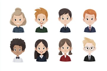 Icon Avatar Set of Children with Various Hairstyles and School Uniforms on a Clean, White Background