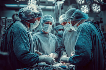 Surgeons performing a complex operation in a sterile, high-tech hospital operating room.