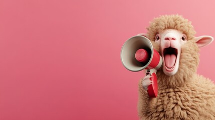 funny sheep holding megaphone and shouting, with wide-open mouth. background is pink, with copy space