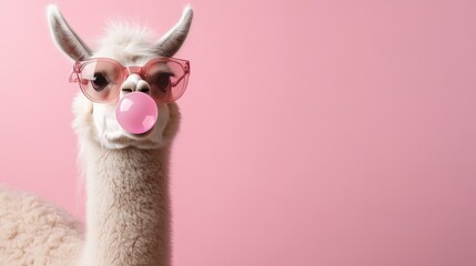 llama wearing sunglasses and blowing large bubble of gum, against pink background with copy space