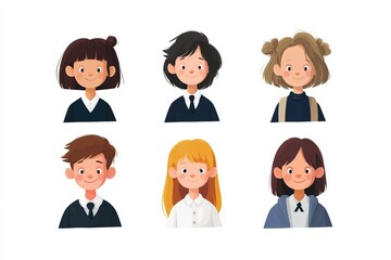 Icon Avatar Set of Children with Different Hairstyles and School Uniforms on a White Background