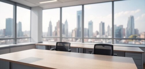 close up desk in office interior features a contemporary design with a table, chair, and large glass window with city view
