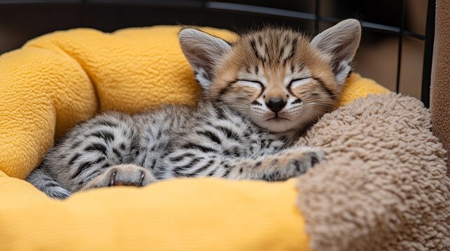 Adorable sand cat kitten peacefully napping in a cozy yellow bed with contented expression showcasing feline innocence and captivating eyes in slumber